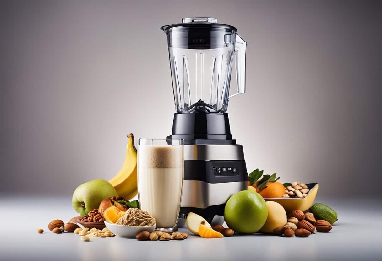 A blender filled with protein powder, surrounded by various fruits, nuts, and milk, with a scoop of powder mid-air