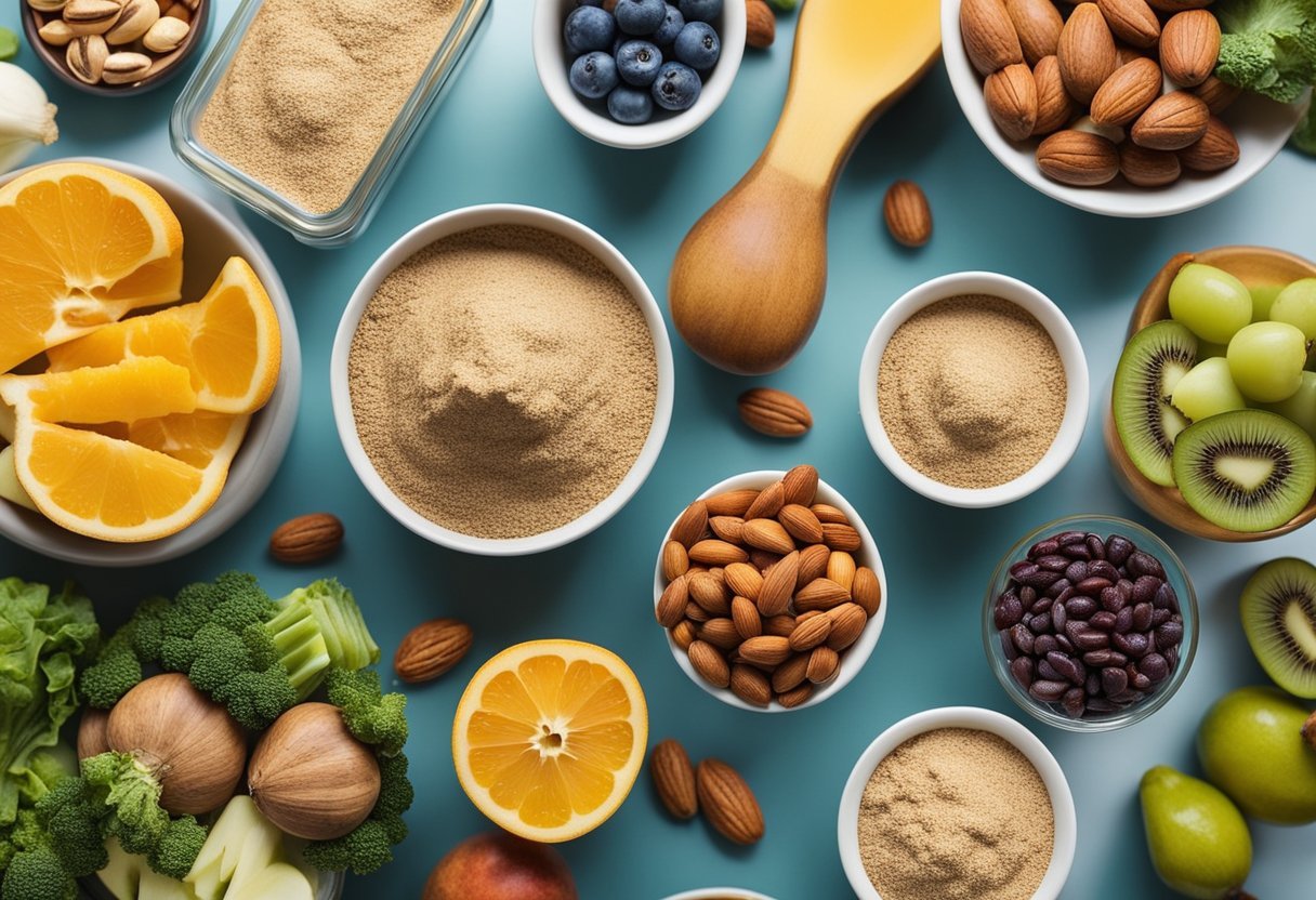 A colorful array of protein powder containers surrounded by fresh fruits, nuts, and vegetables, all arranged on a clean, modern kitchen countertop